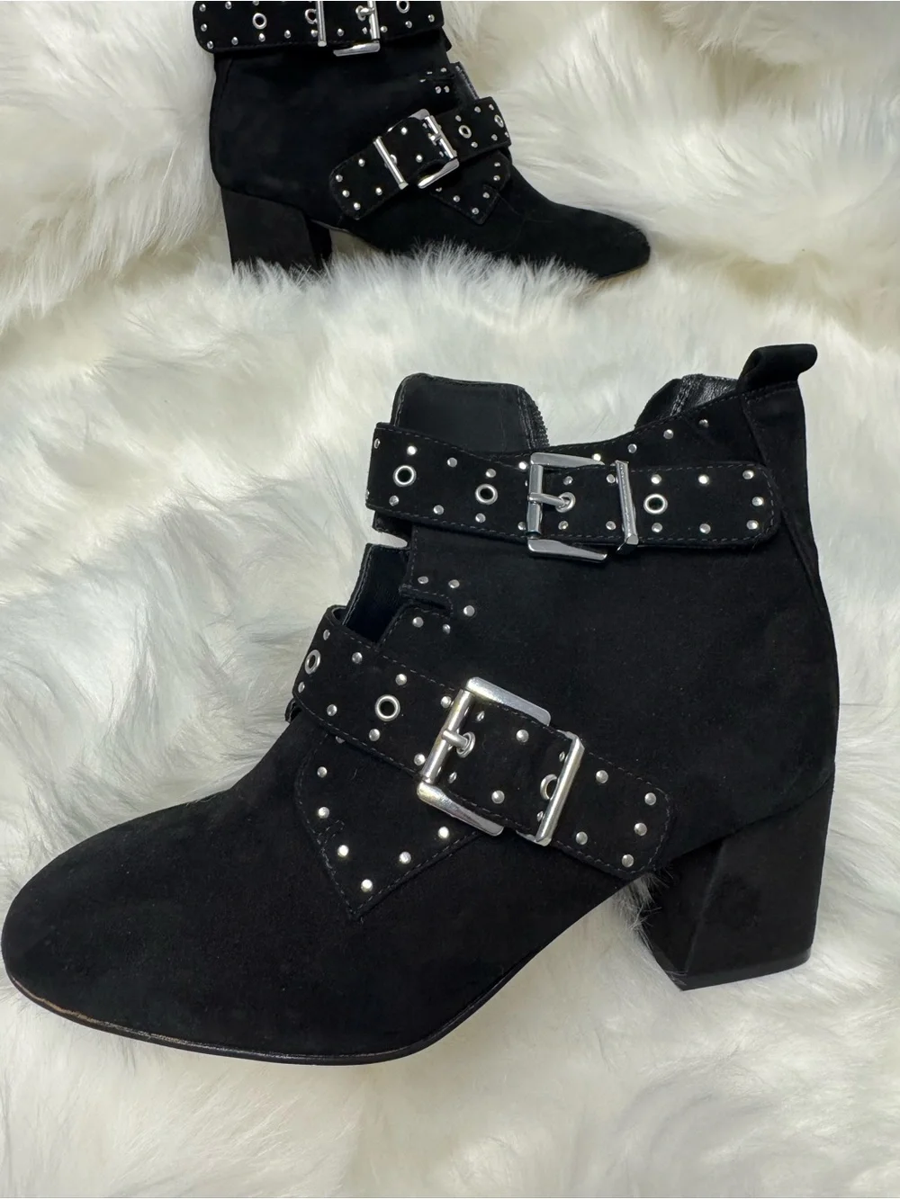 Rebecca Minkoff Black Suede Studded Buckle Ankle Boots