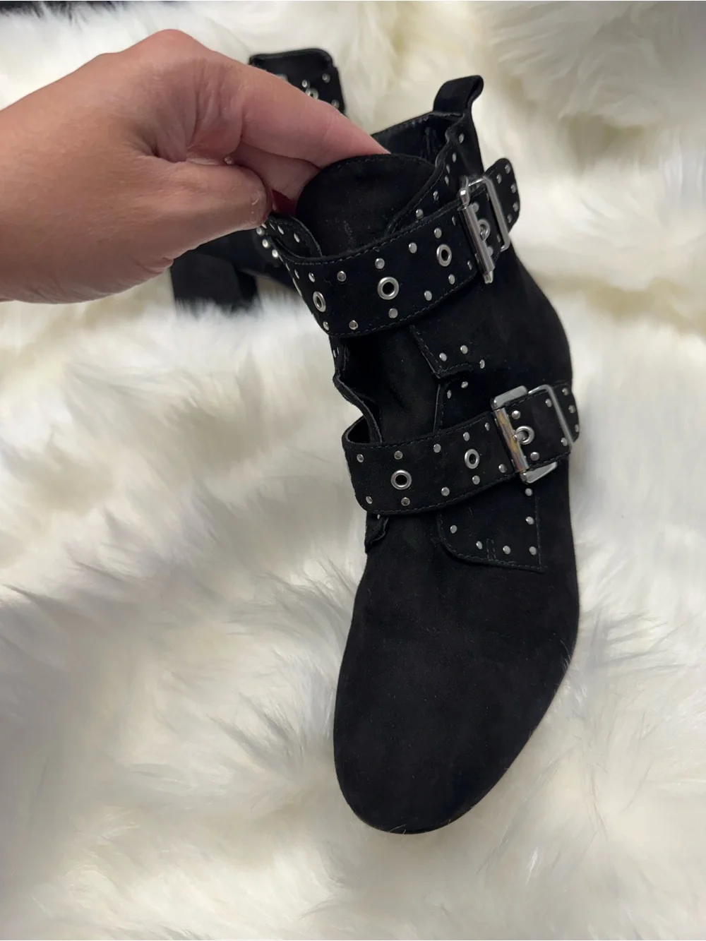 Rebecca Minkoff Black Suede Studded Buckle Ankle Boots