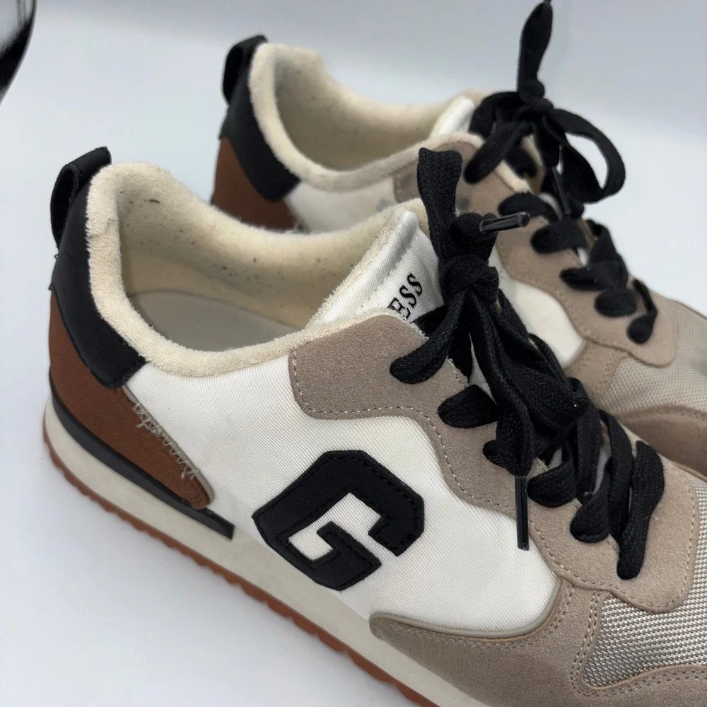 Guess Mens Low Top Sneakers Tan White Brown G Logo Lace Up Shoes Size 12