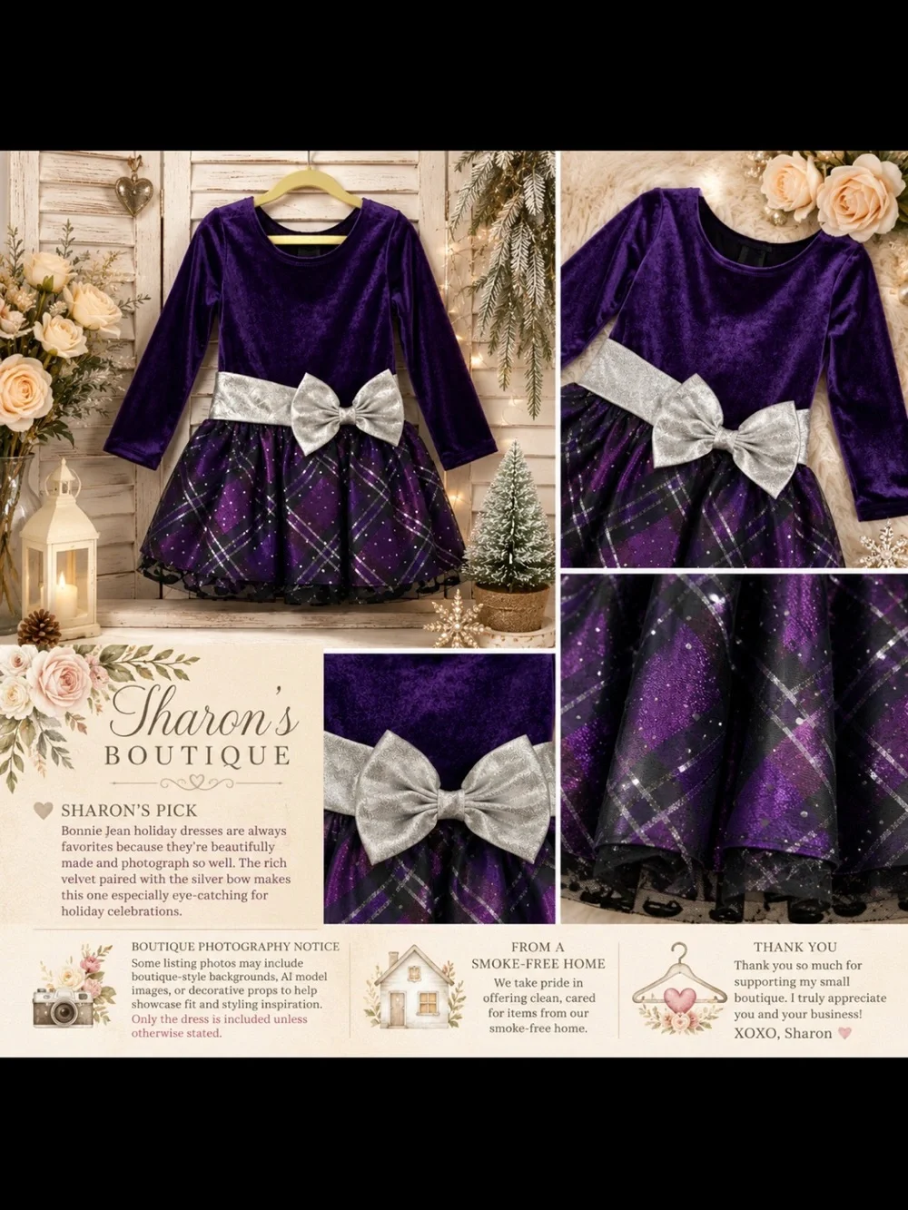Bonnie Jean Girls Size 5 Purple Velvet Holiday Dress Silver Bow Sparkle EUC