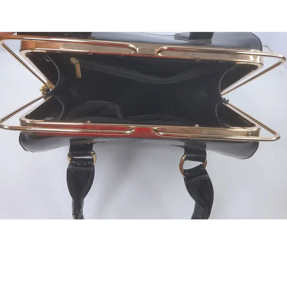 Vintage Y2K Black Patent Handbag Gold Frame Structured Top Handle Purse