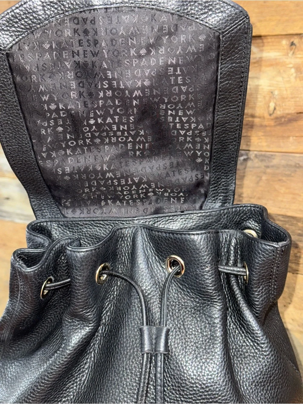 Kate Spade Mulberry Street Breezy Backpack Black Pebbled Leather Gold Logo Bag