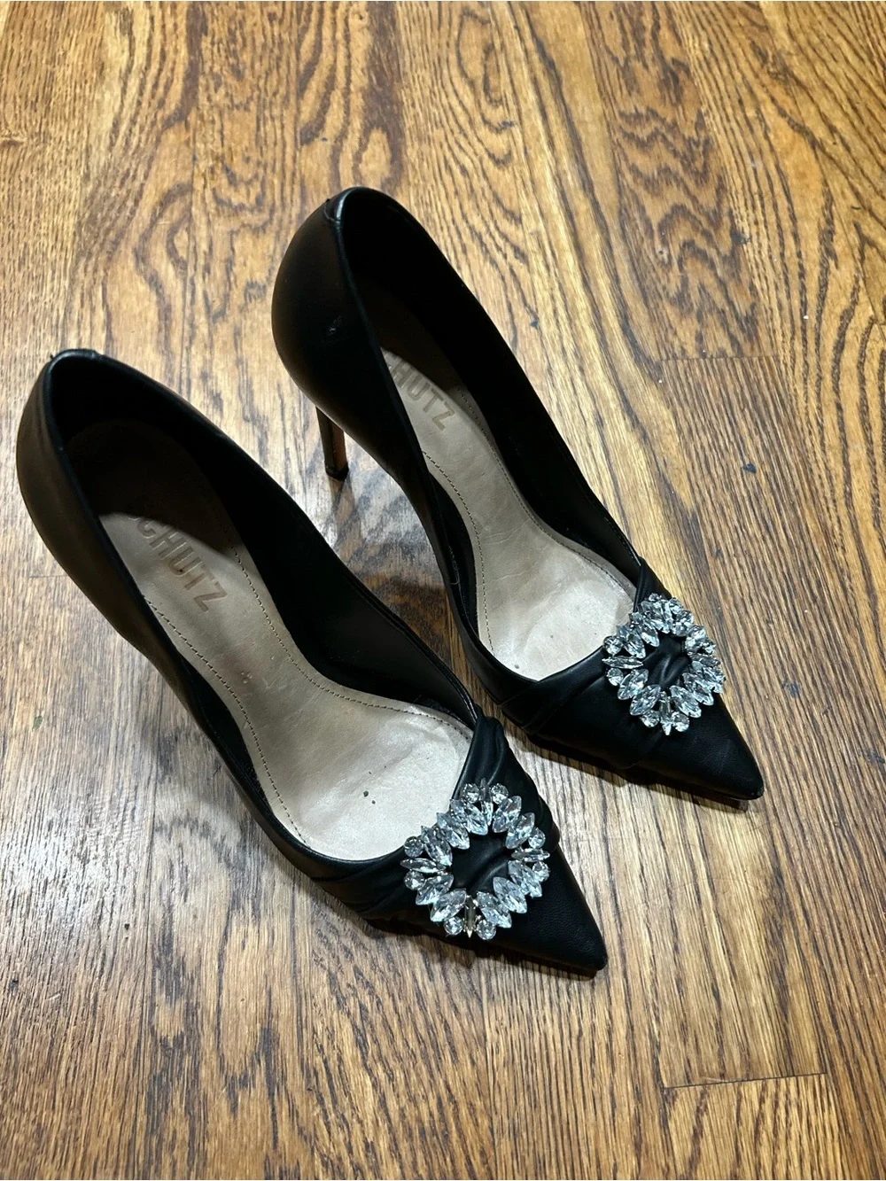 SCHUTZ Black Crystal Embellished Leather Heels Size 7B