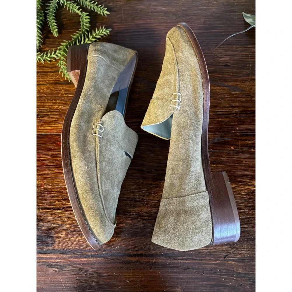Frances Valentine Olive Green Suede Penny Loafers Shoes Womens 9B Made in Brazil