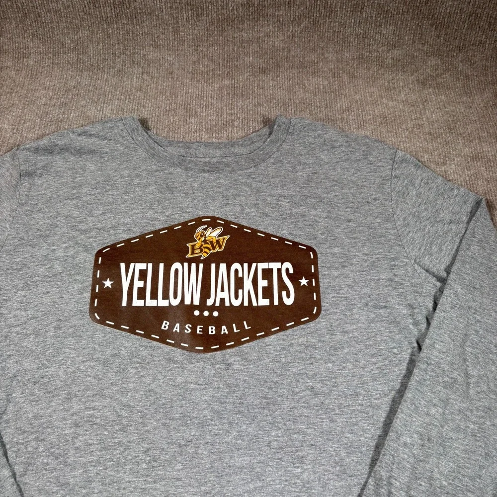 Nike Baldwin Wallace‎ Yellow Jackets T Shirt Mens L Long Sleeve Grey Baseball