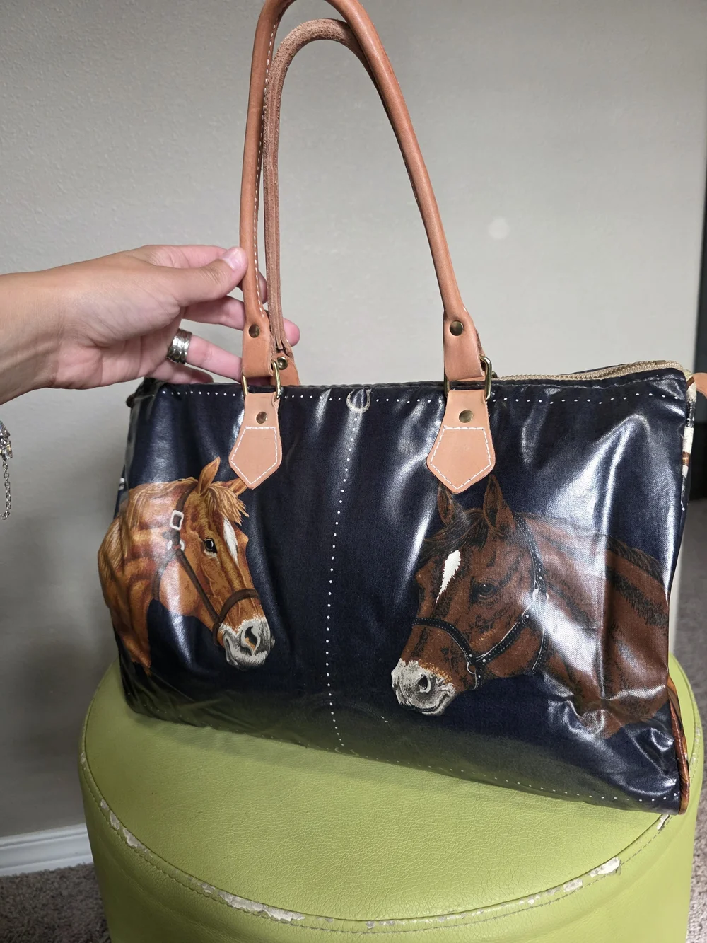 Vintage Equestrian Horse Print Hand Bag Navy Coated Vachetta Leather Handles