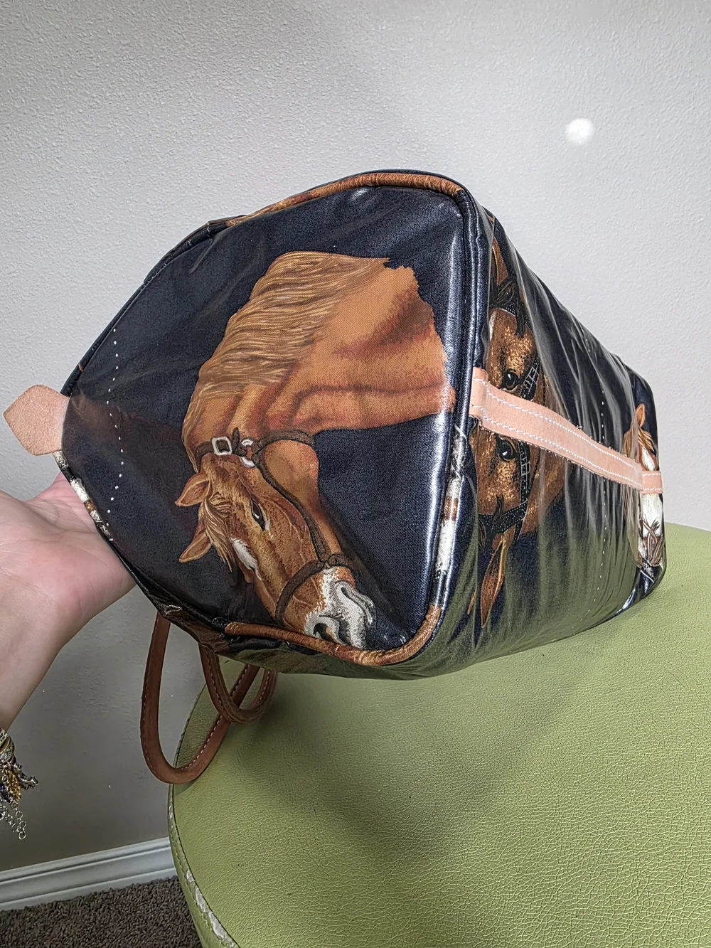 Vintage Equestrian Horse Print Hand Bag Navy Coated Vachetta Leather Handles