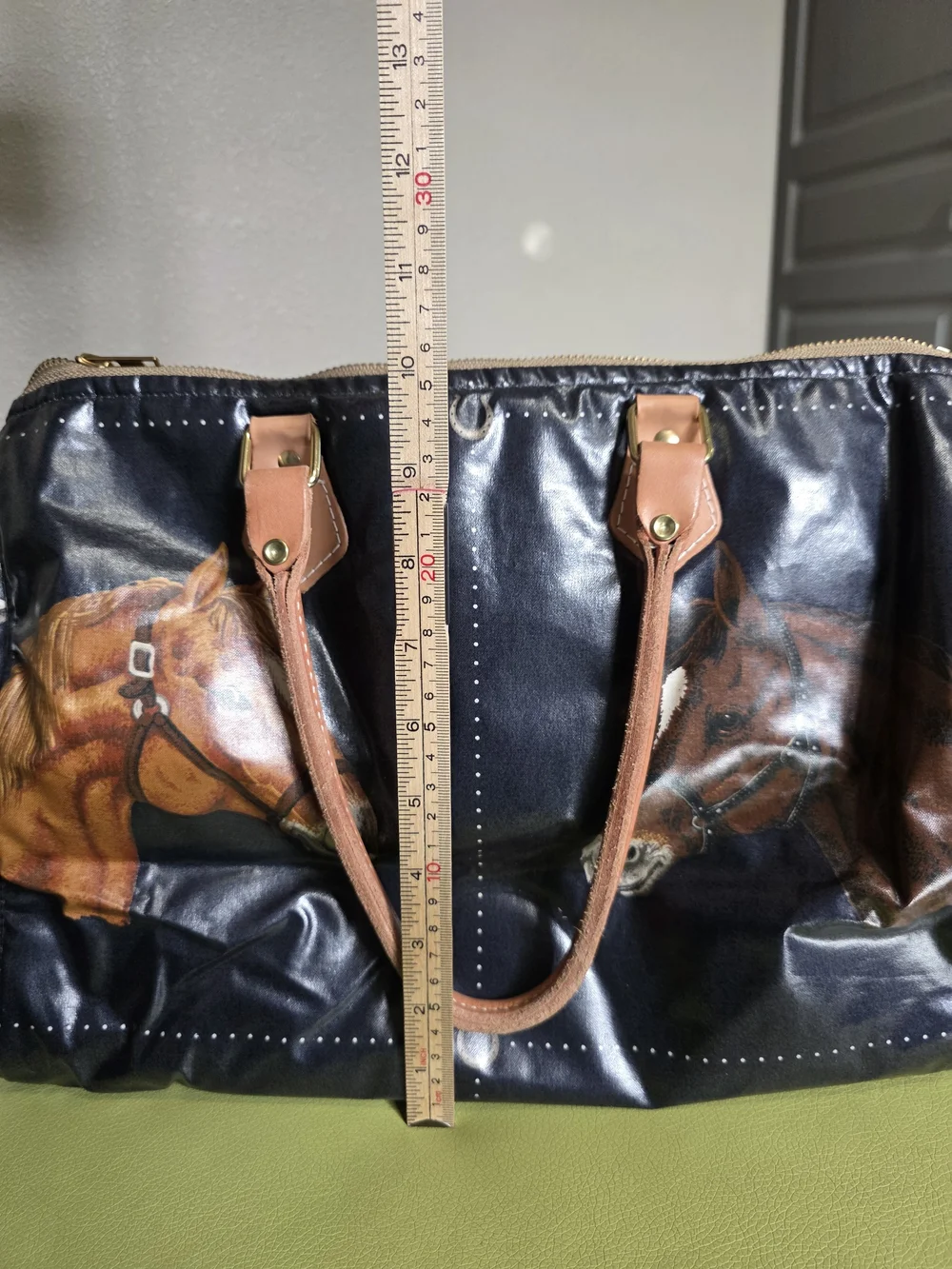 Vintage Equestrian Horse Print Hand Bag Navy Coated Vachetta Leather Handles
