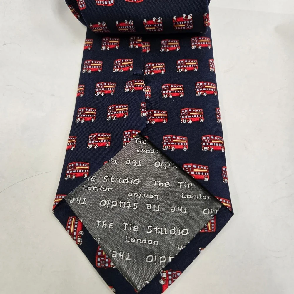 The Tie Studio London Mens Silk Tie Navy Blue Red Double Decker Bus London Print