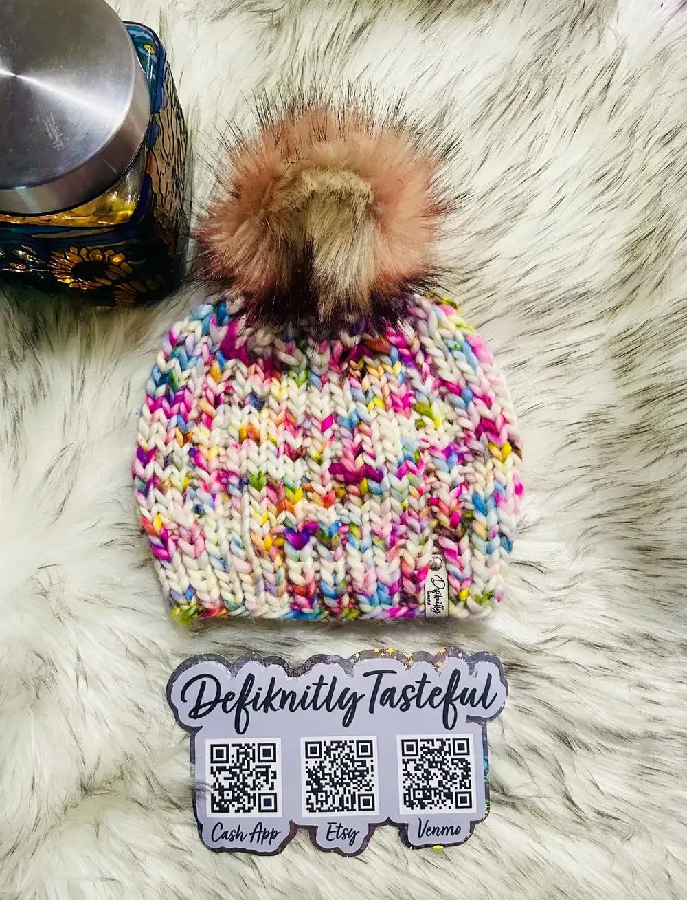 Hand Knit Merino Wool Beanie: Open Ridge Knit Hat with Faux Fur Pom