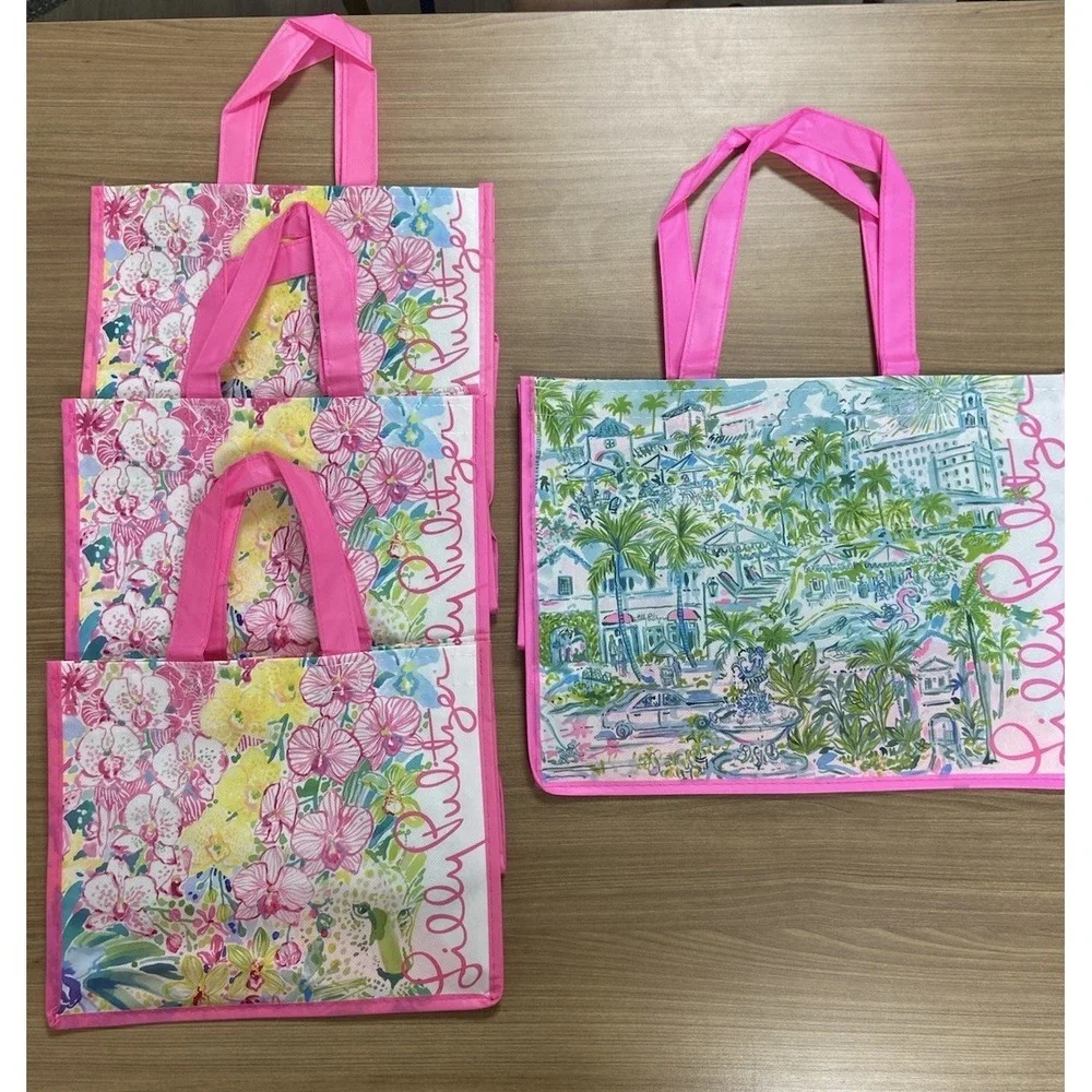 Lot Of 4 LILLY PULITZER Reusable Tote Plastic SHOPPING BAGS, Two Sizes Palm