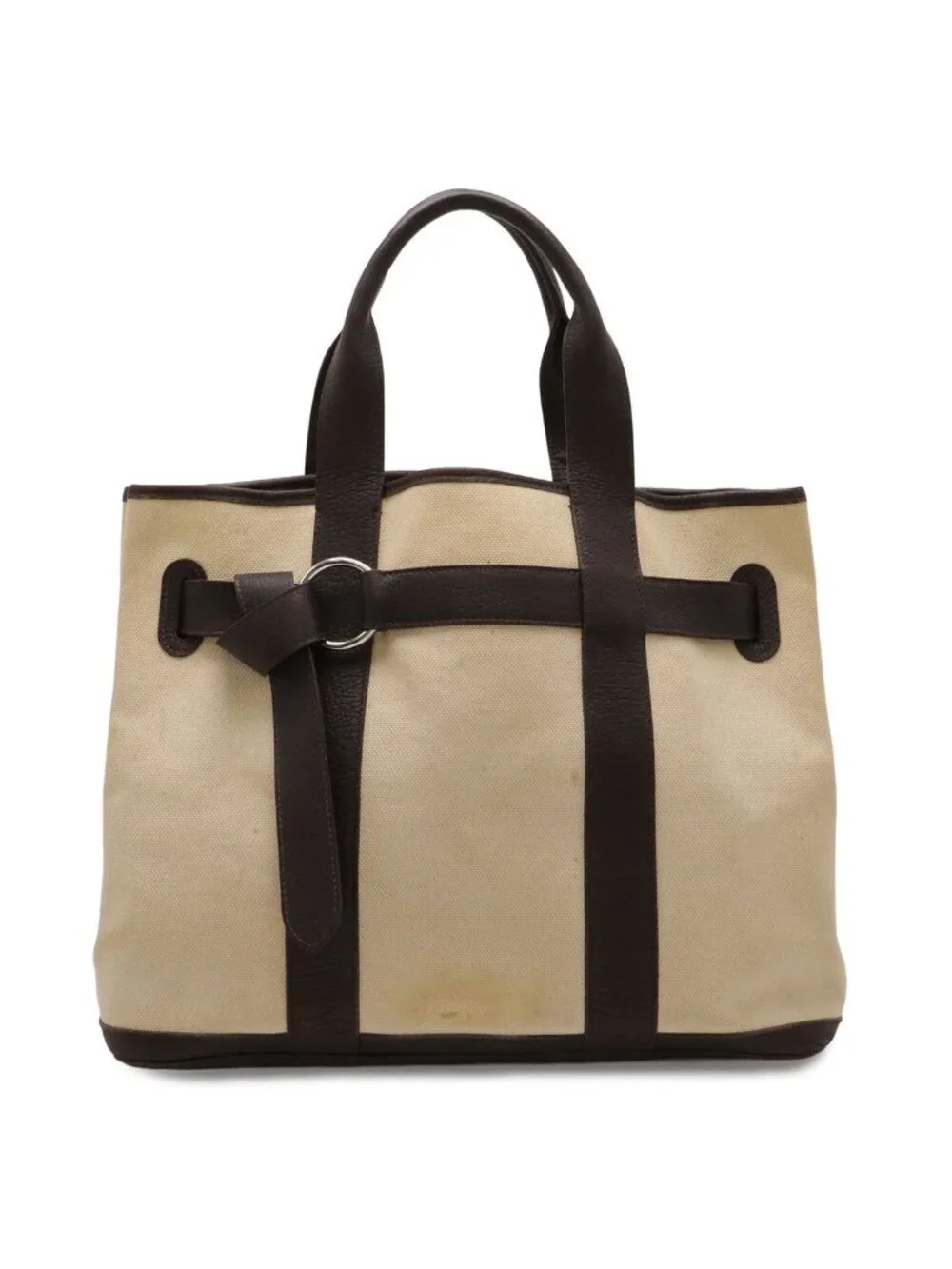 Hermes Petite Ceinture MM Tote Canvas Leather Ivory Dark Brown