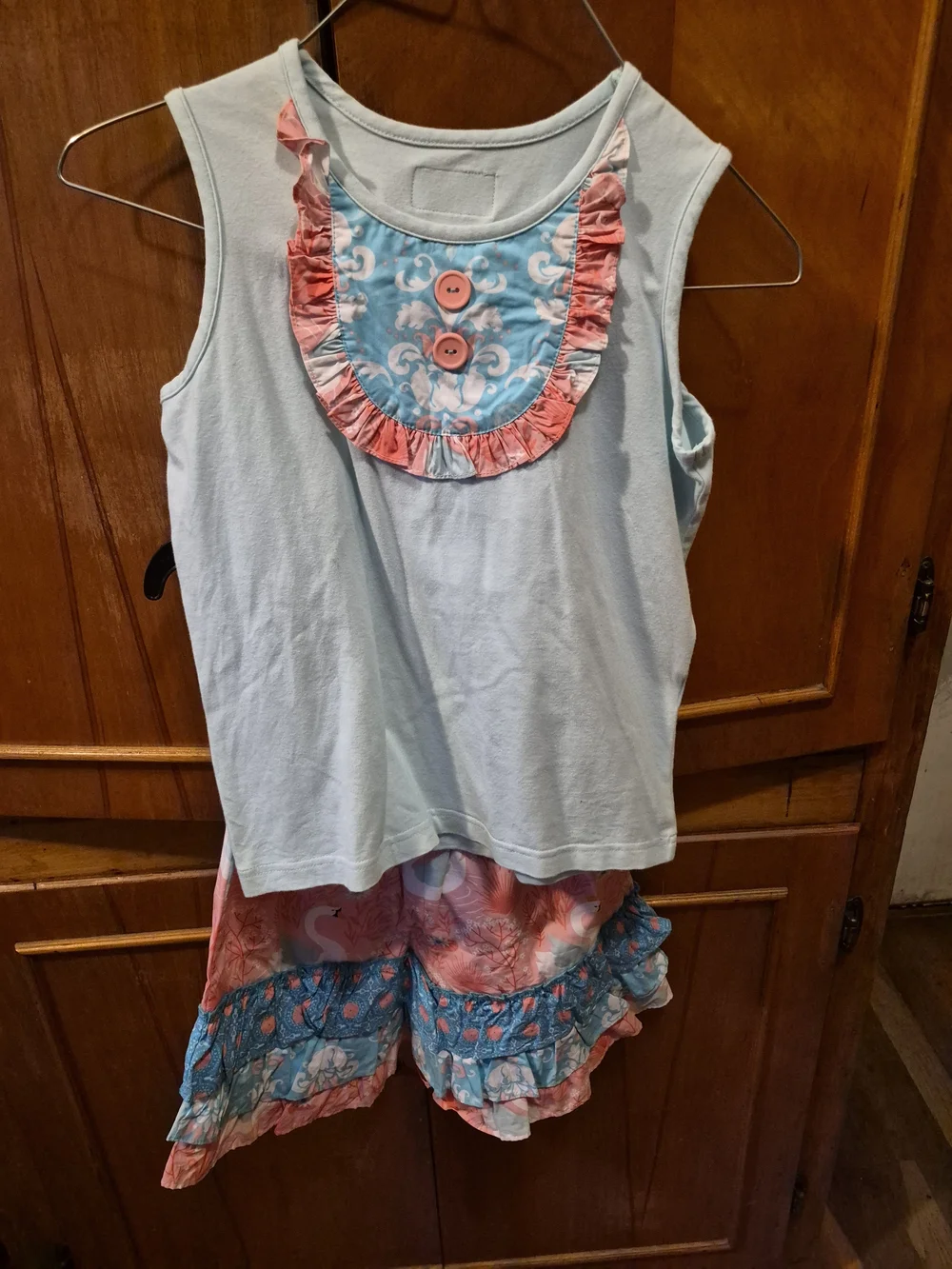 Eleanor Rose Light Blue and Coral Ruffle Two-Piece Girls Set