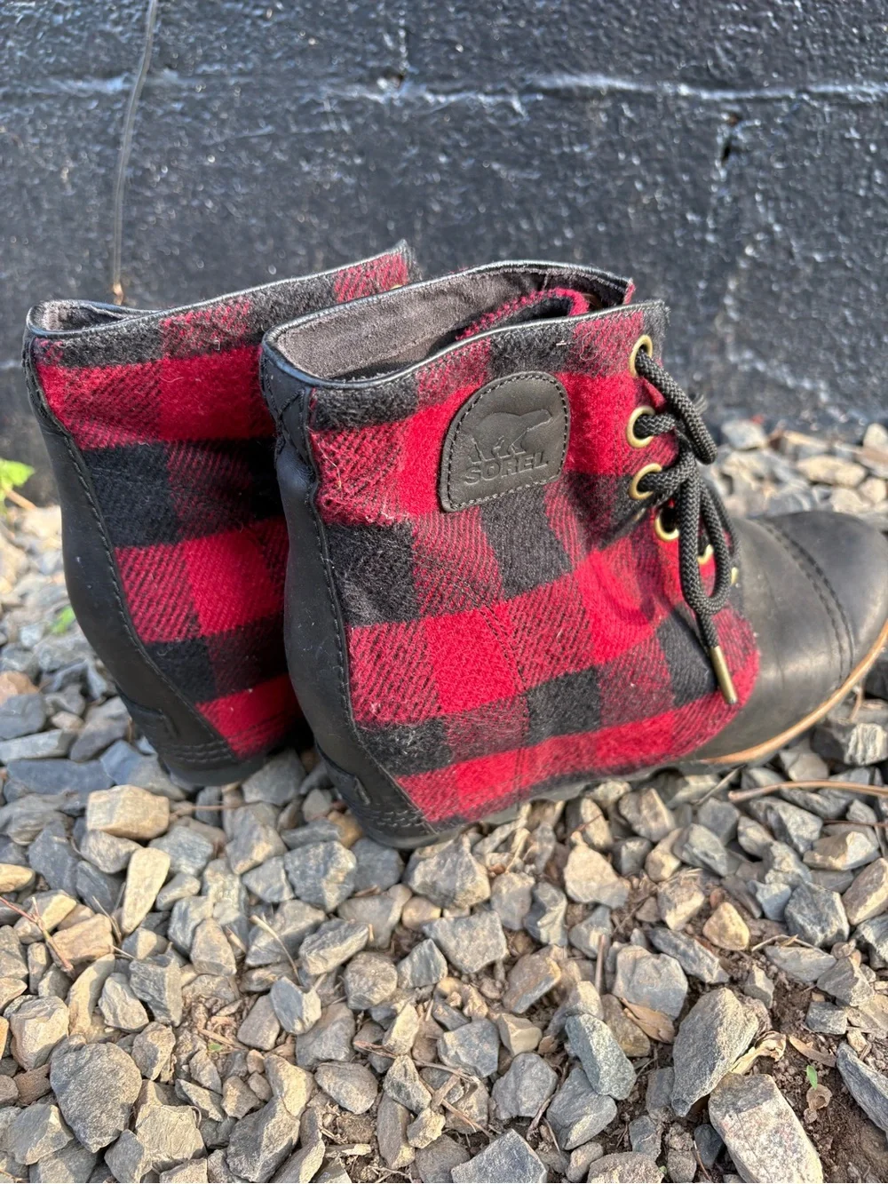Sorel Black Leather and Red Buffalo Plaid Wedge Lace-Up Boots