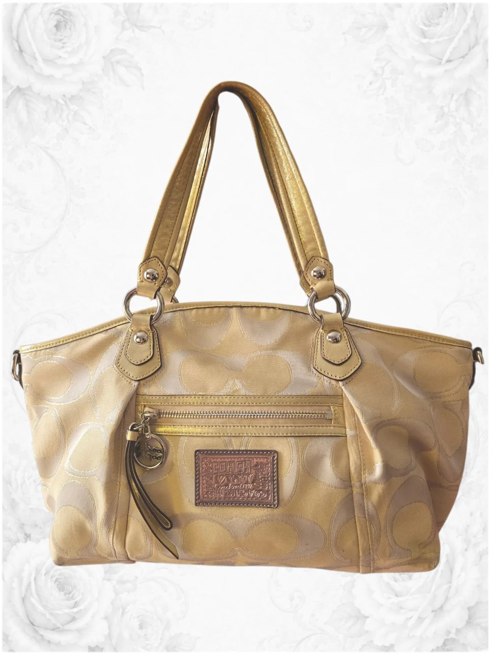 Coach Poppy Glam Signature Gold C Tote Metallic Shoulder Bag With Charms