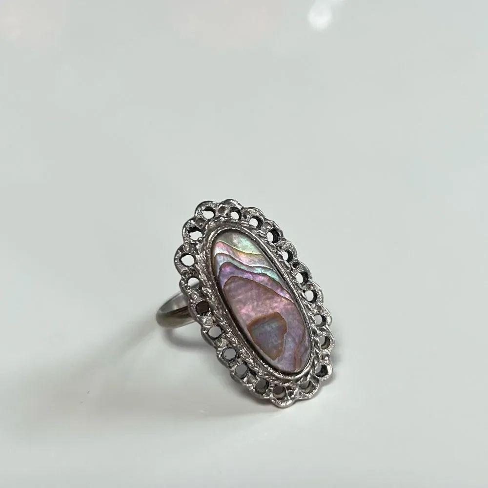 Vintage Silver Mexican Navajo Iridescent Abalone Moonstone Filigree Oval Ring