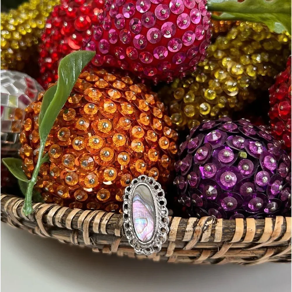 Vintage Silver Mexican Navajo Iridescent Abalone Moonstone Filigree Oval Ring