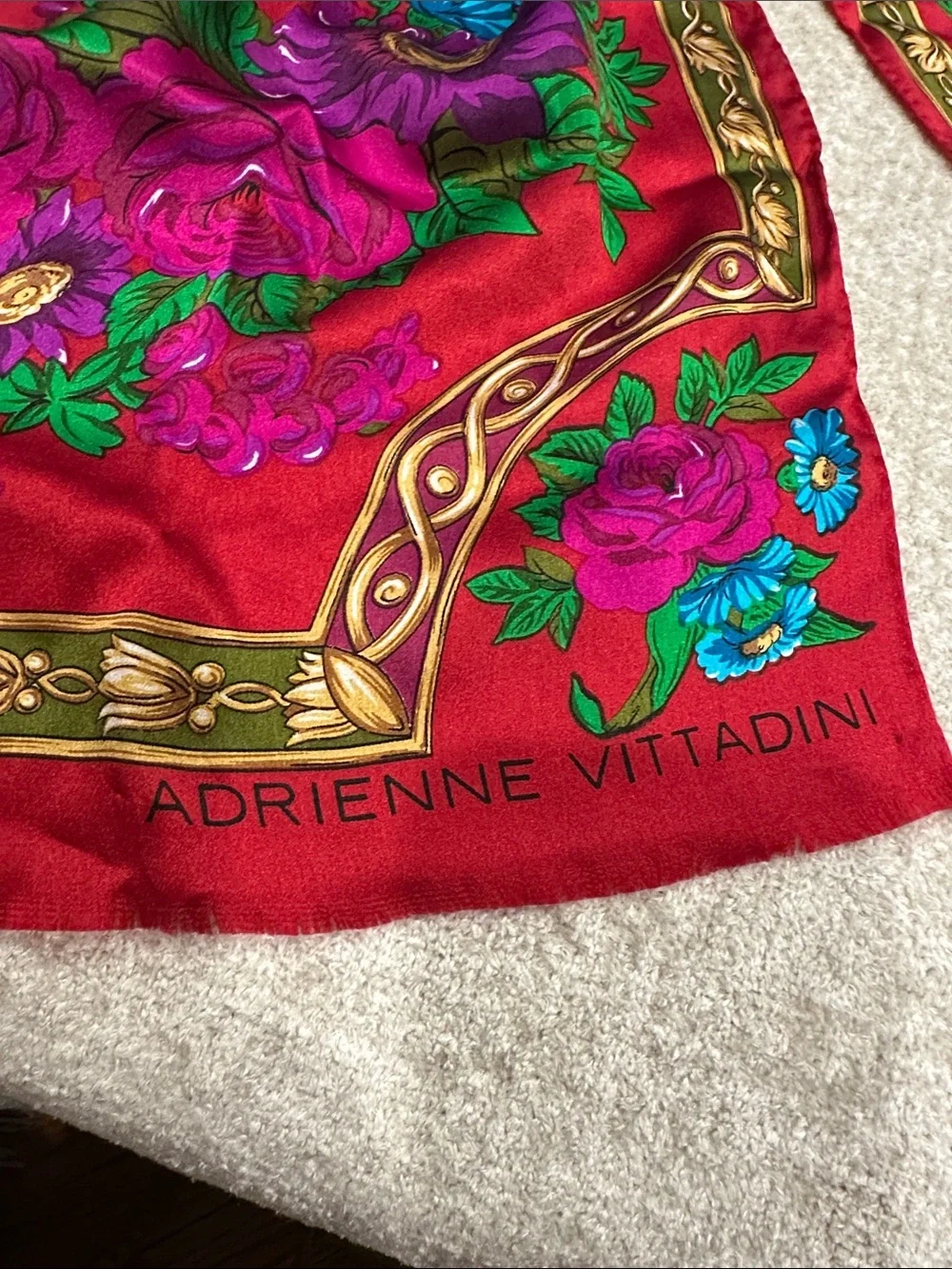 Adrienne Vittadini Red Floral Hair Scarf with Purple, Blue and Green Accents