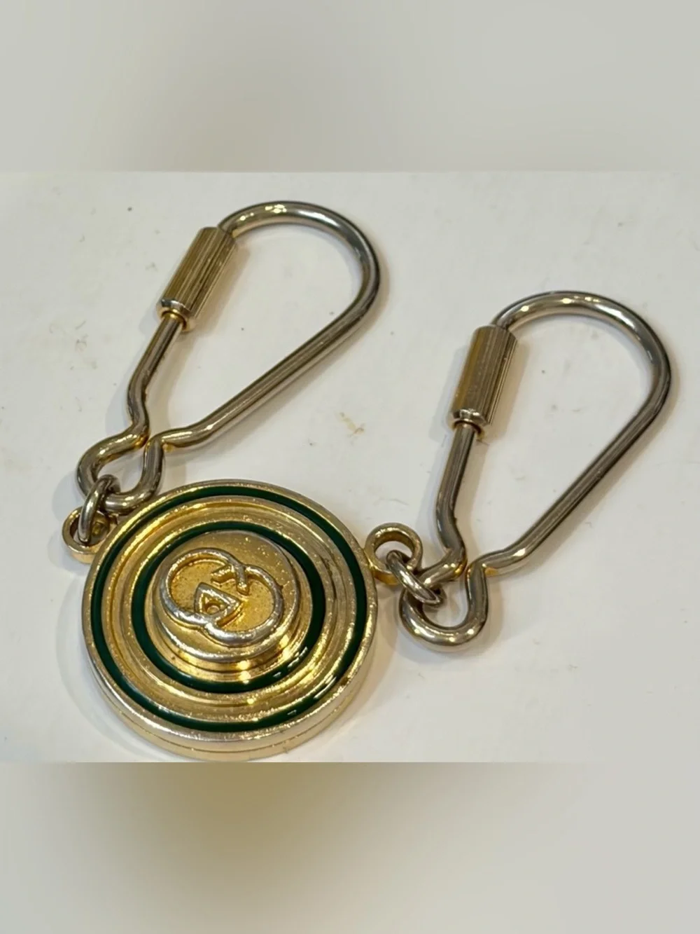 Vtg. GUCCI Horse-bit Green & Gold Round Enamel Keychain