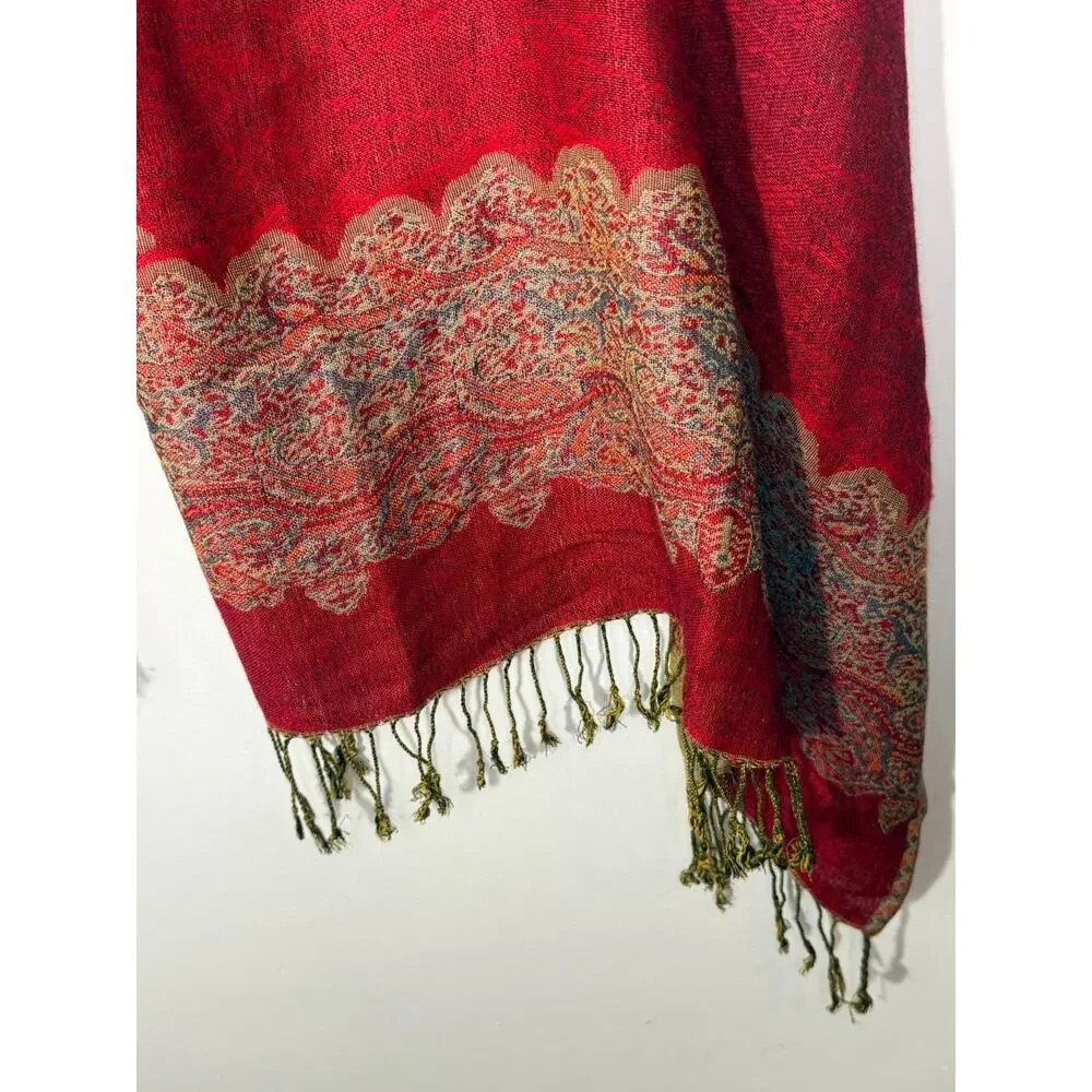 Pashmina Cashmere Silk Shawl Scarf Red Paisley Fringe Wrap 55% Cashmere