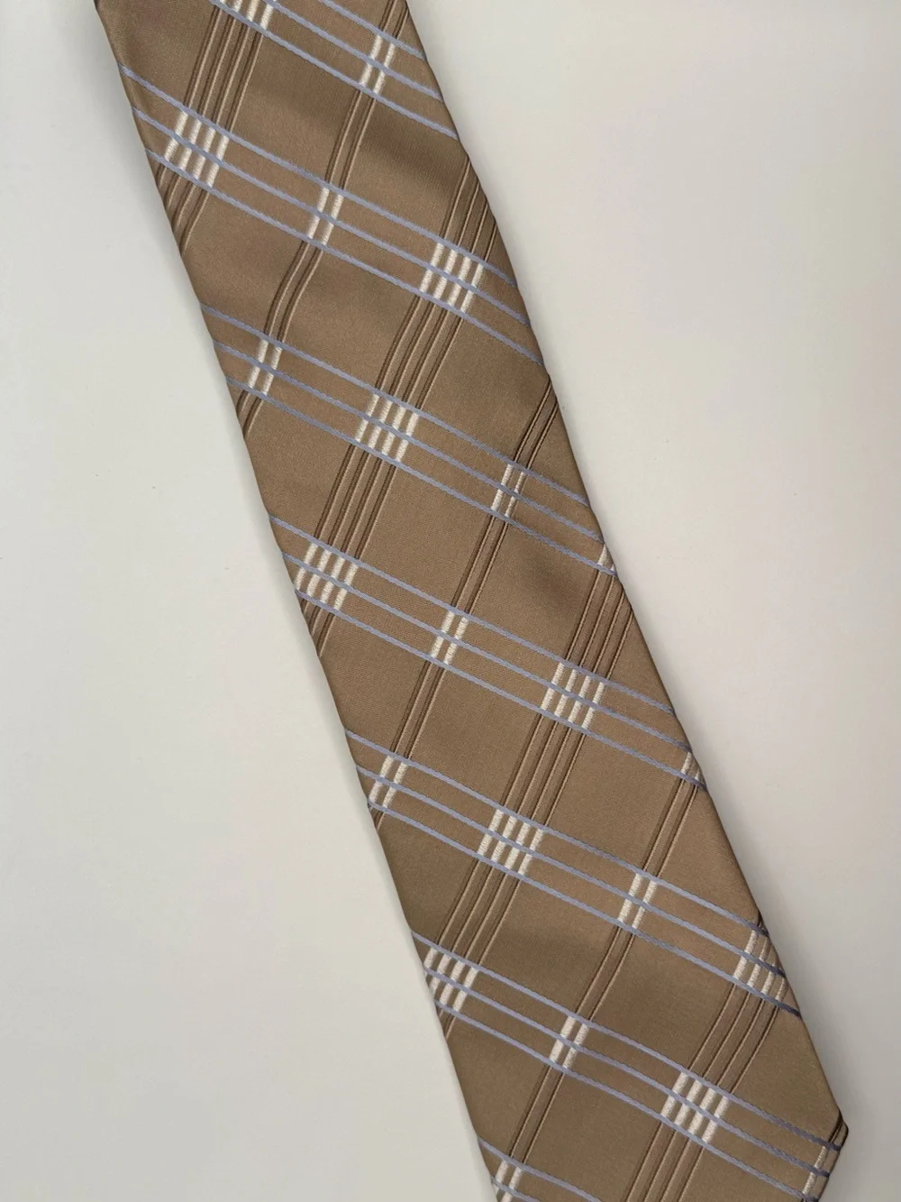 Michael Kors Mens Silk Necktie Taupe Brown Blue Plaid Check Satin Tie
