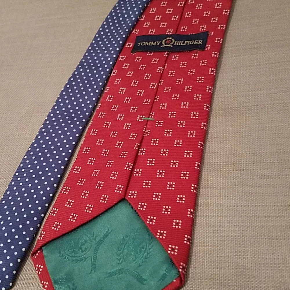 Tommy Hilfiger two tone red blue mixed print silk necktie