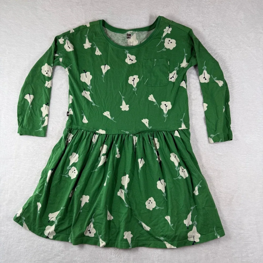 Tea Collection Girls Green Floral Long Sleeve Pocket Dress Size 8 22F12325