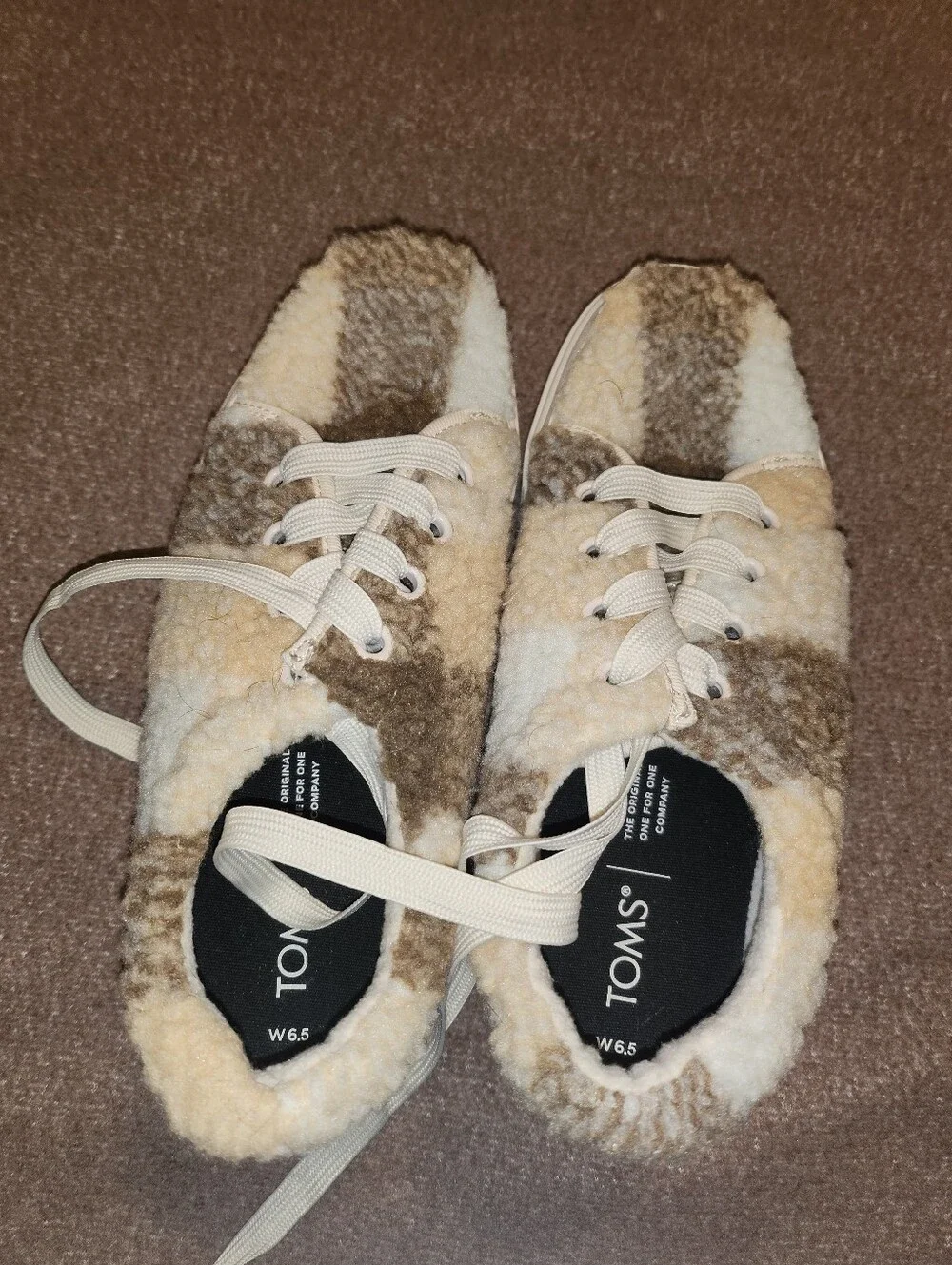 Toms Sherpa Platform Sneakers in Cream and Brown Plaid