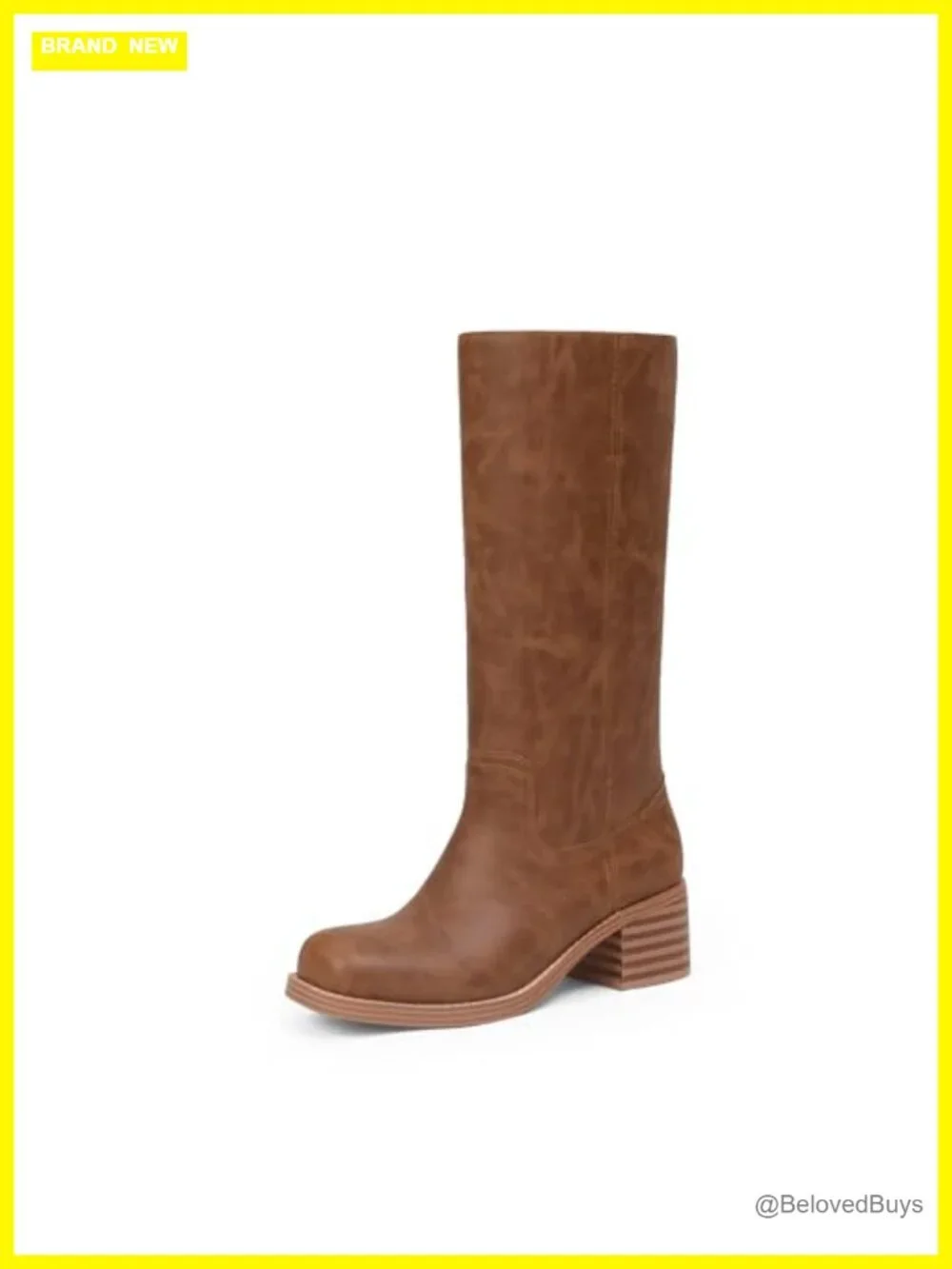 Mid Calf Boots Chunky Block Low Heel Square Toe Faux Leather