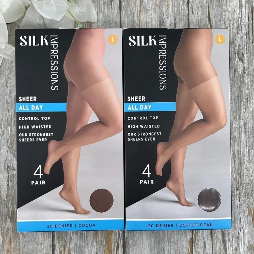 Silk Impressions 20 Denier Sheer Tights and Control Top Pantyhose 2, 4-Packs L