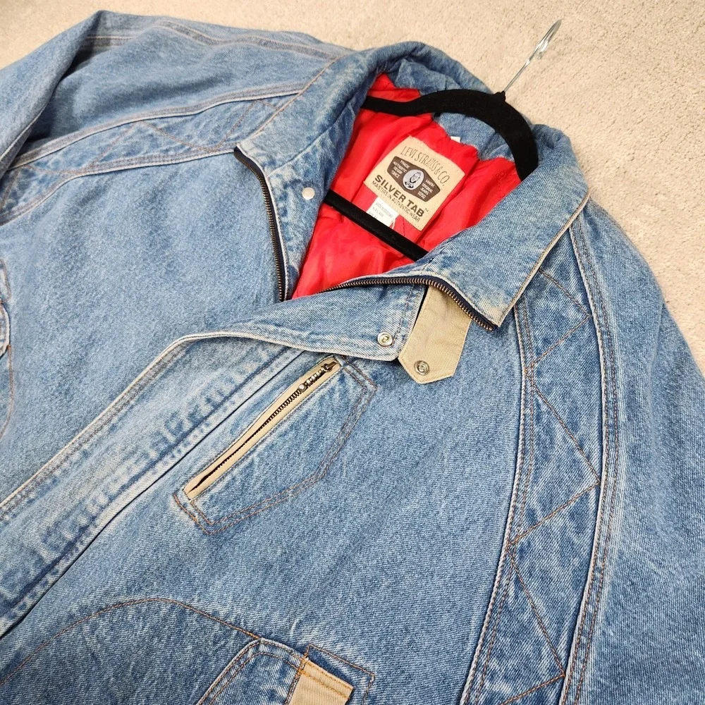 Vintage Levis Silvertab Jacket Men Medium Denim Chinstrap Bomber Insulated