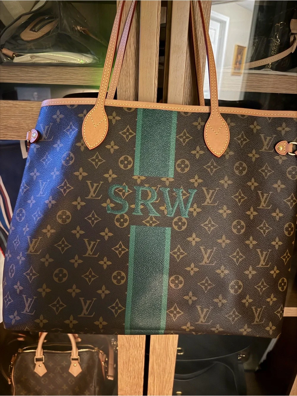 Louis Vuitton Neverfull GM Monogram Tote with Green Stripe personalized 100%auth