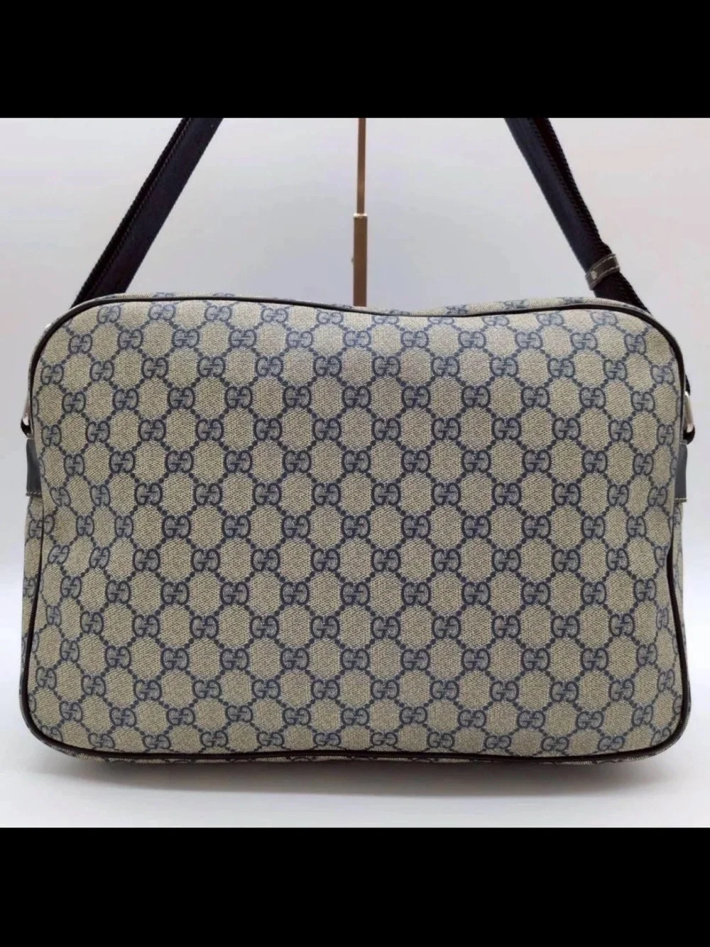Gucci Beige Canvas Messenger Bag with Blue Monogram
