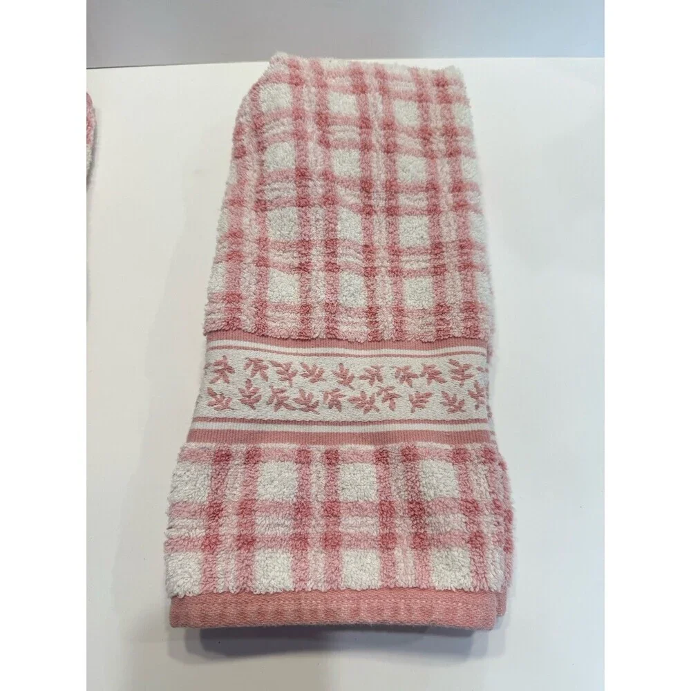 VTG  Laura Ashley Pink Hand Towels Embroidered Checkered Striped Set of 3