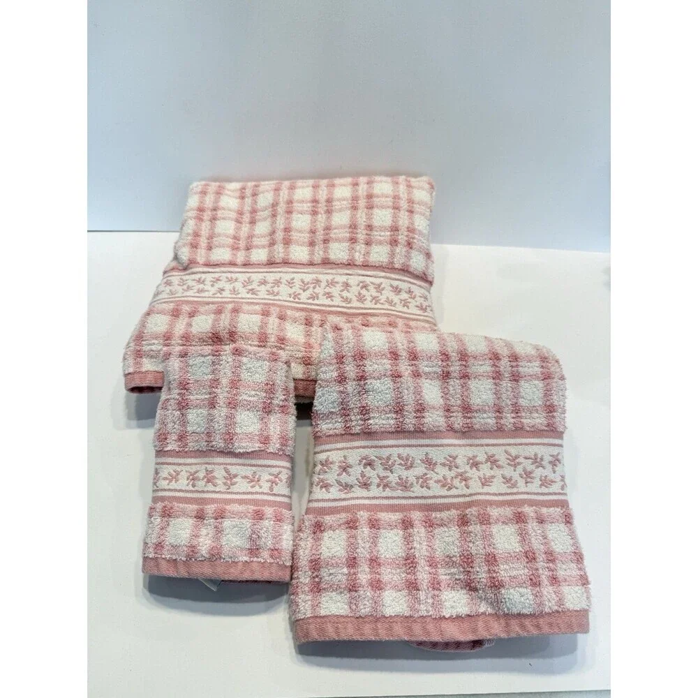 VTG  Laura Ashley Pink Hand Towels Embroidered Checkered Striped Set of 3