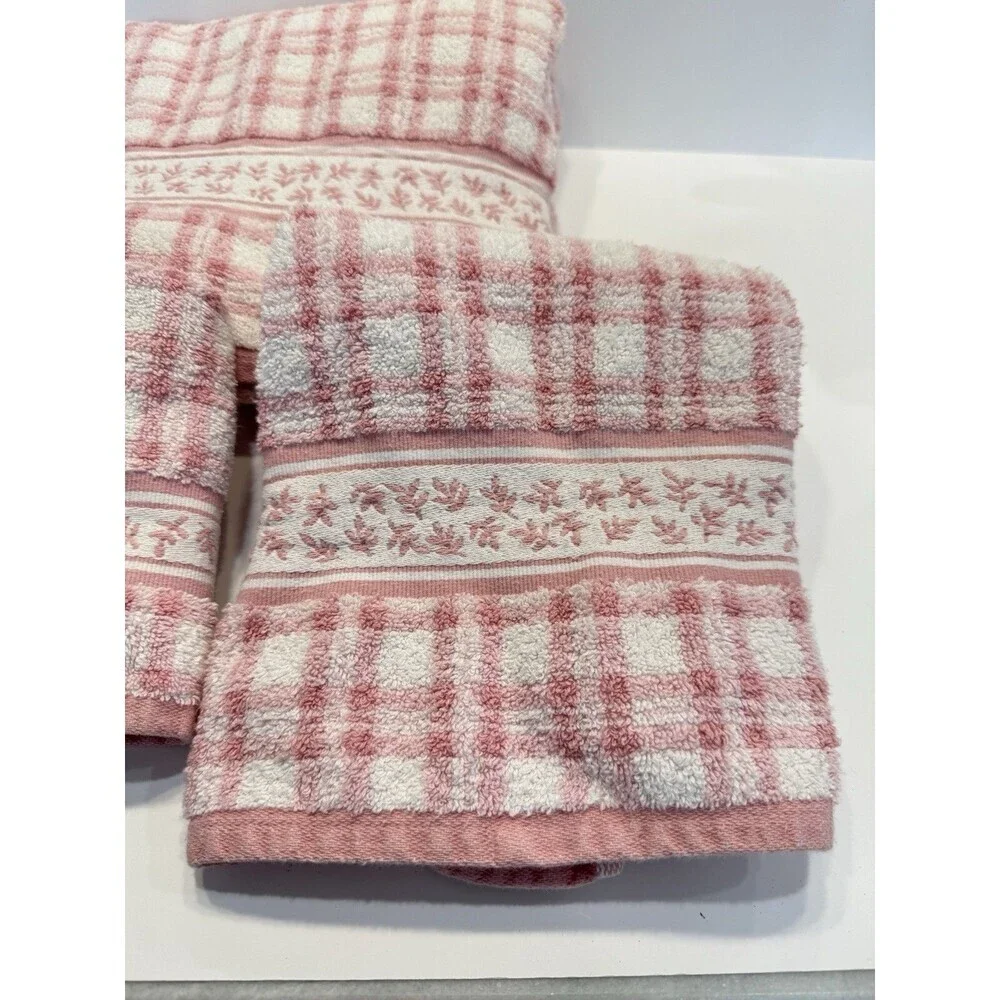VTG  Laura Ashley Pink Hand Towels Embroidered Checkered Striped Set of 3