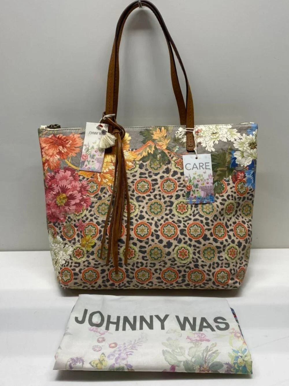 Johnny Was Leather Floral Taylor Leopard Shopping Tote Bag NWT