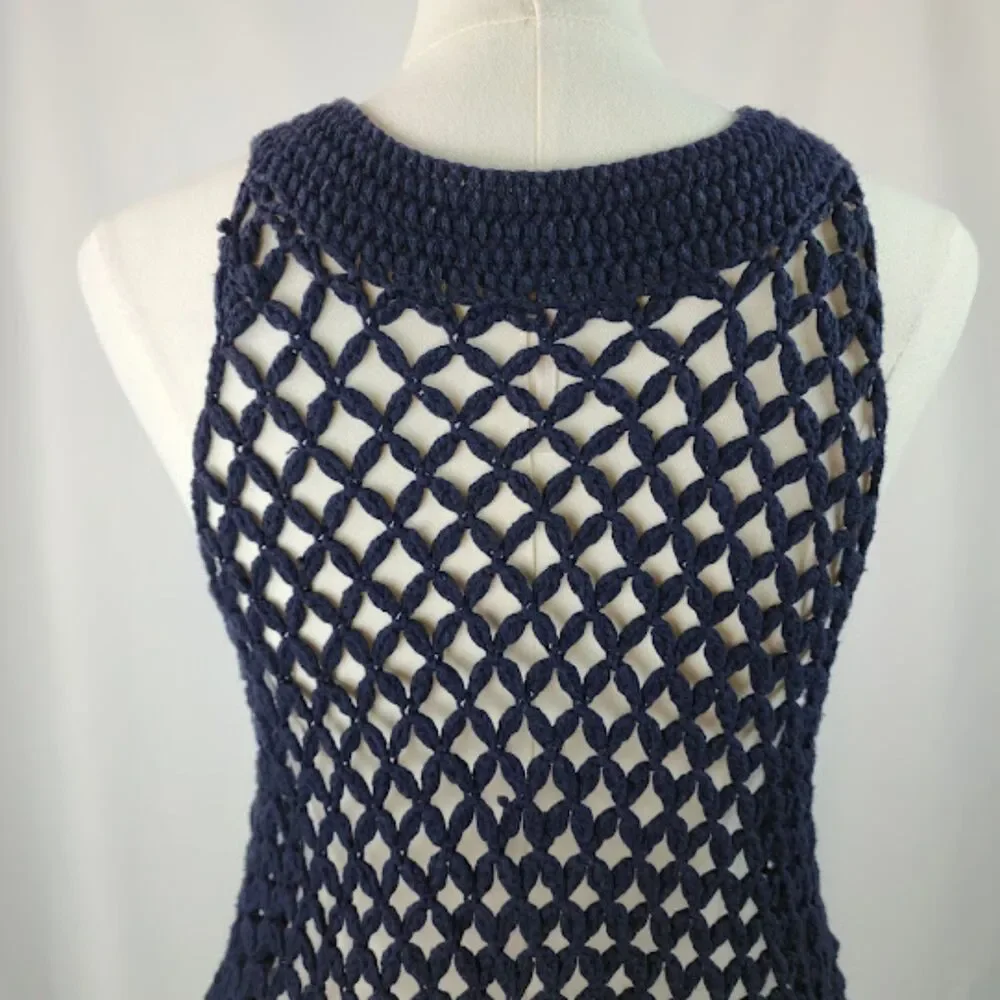 Free People Women's Navy Boho Crochet Knit Cardigan Vest Size XS