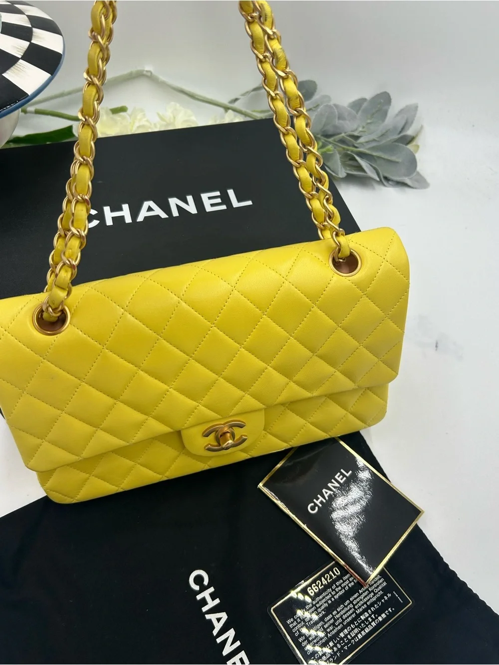 Women's Chanel Classic Quilted double Flap Bag in Yellow with Gold Hardware
