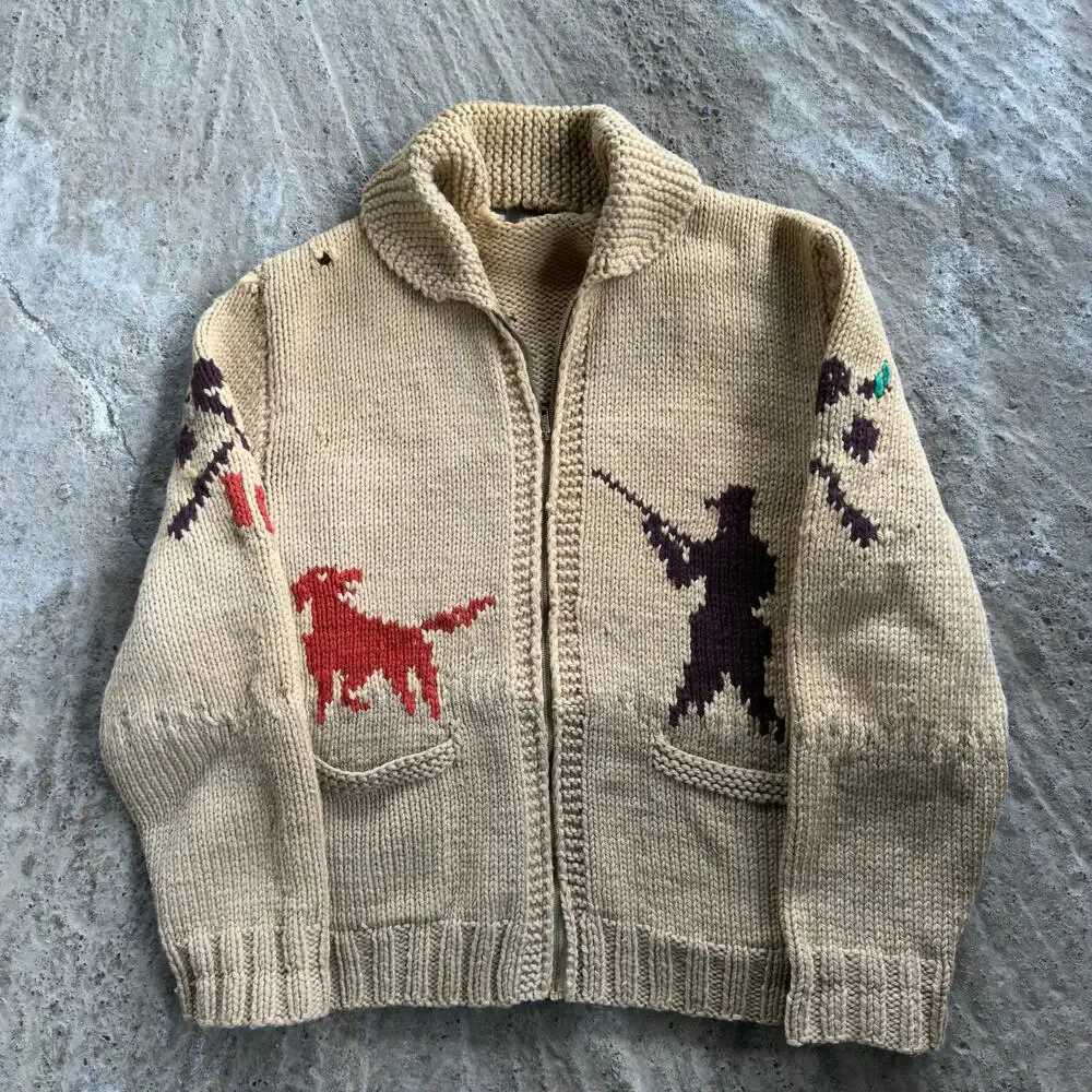 Vtg Pheasant Hunter & Bird Dog Cowichan Sweater Jacket Zip Thrashed Shooting XL