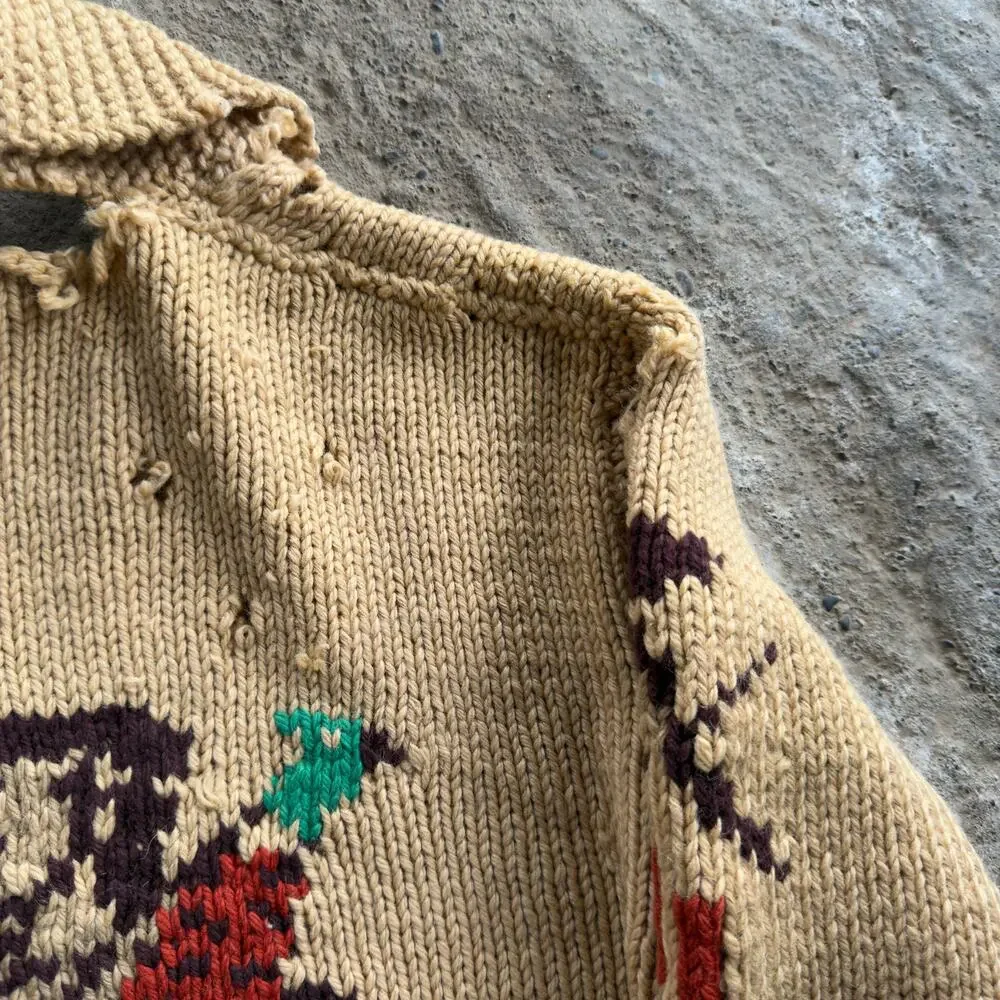 Vtg Pheasant Hunter & Bird Dog Cowichan Sweater Jacket Zip Thrashed Shooting XL