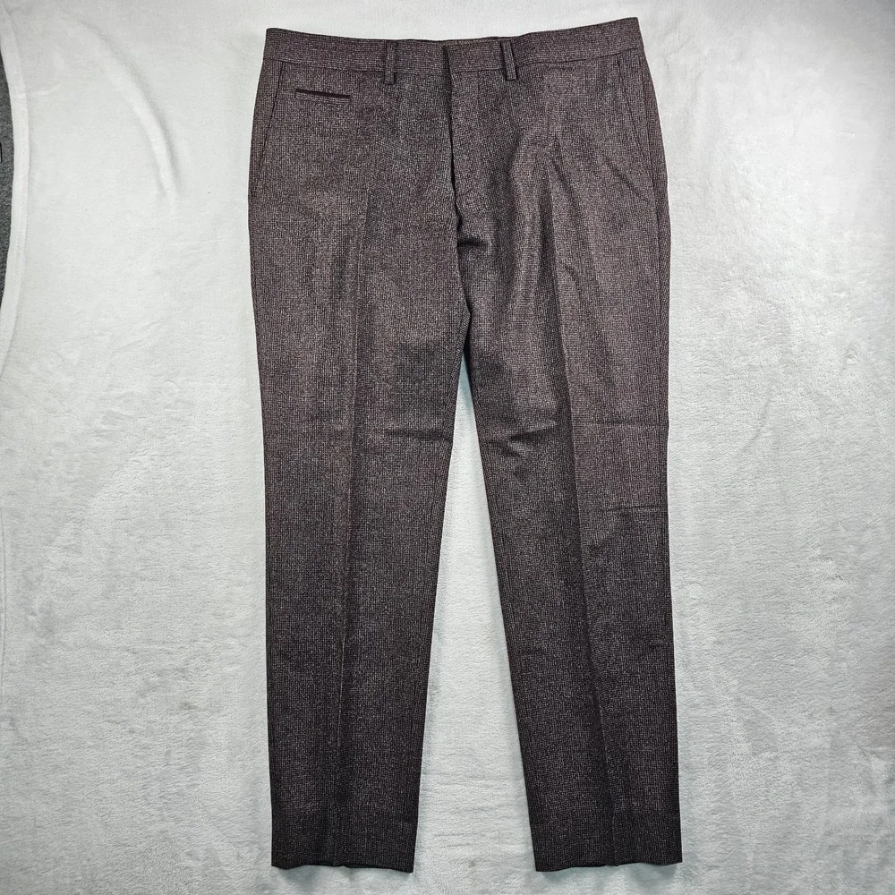 Hugo Boss Wilhelm4 100% Wool Dress Pants 36x30 Burgundy Flannel Puppytooth NWOT
