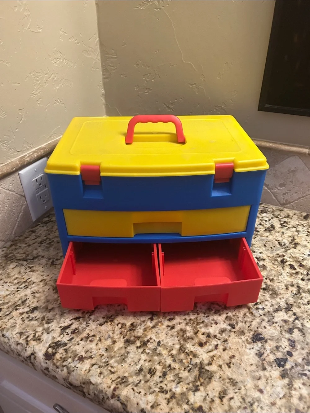 Kids Multi-Color Plastic Toy Storage Box with Drawers - Yellow/Blue/Red & Handle