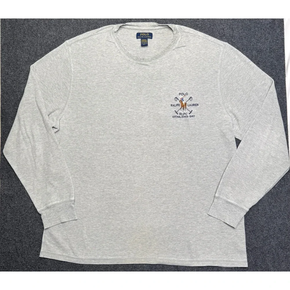 Polo Ralph Lauren Mens 2XL Grey Waffle Knit Long Sleeve Sleep Shirt RLPC Crest