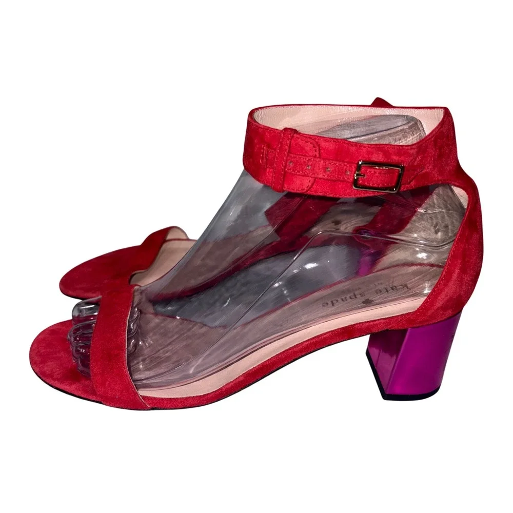 Suede Block Heel Ankle Strap Sandals Womens 6.5 Red Kate Spade