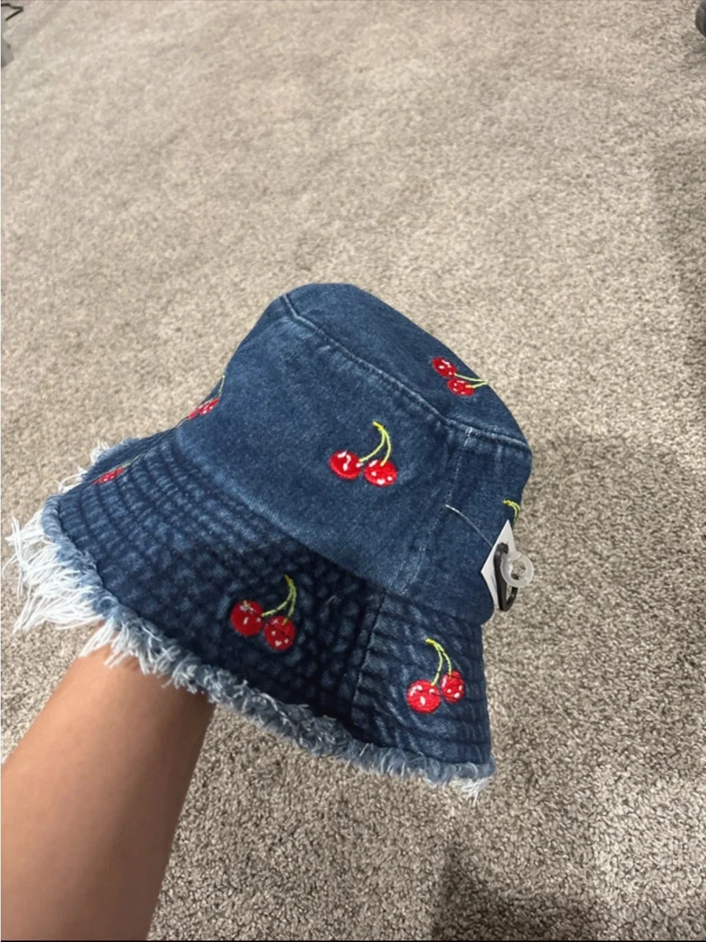 Denim Cherry Embroidered Bucket Hat - Blue
