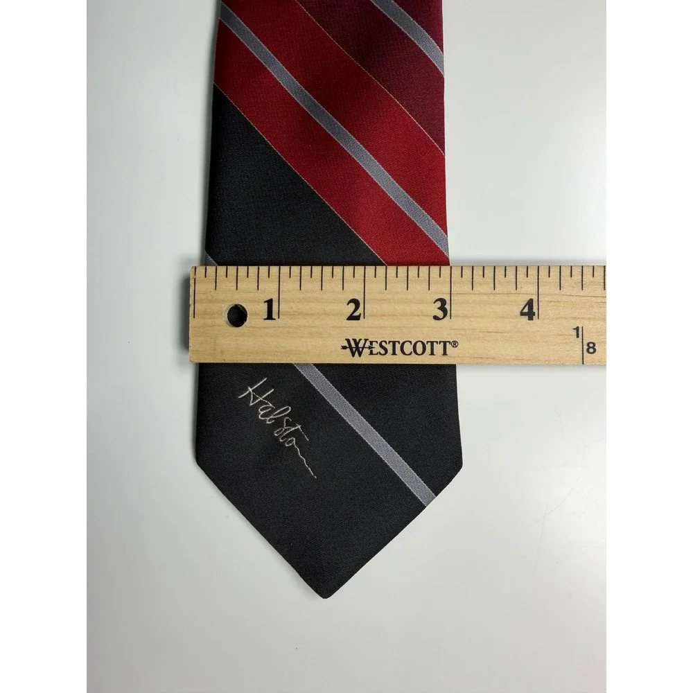 Halston Mens Necktie Black Red Grey Diagonal Stripe Silk Blend Designer Tie