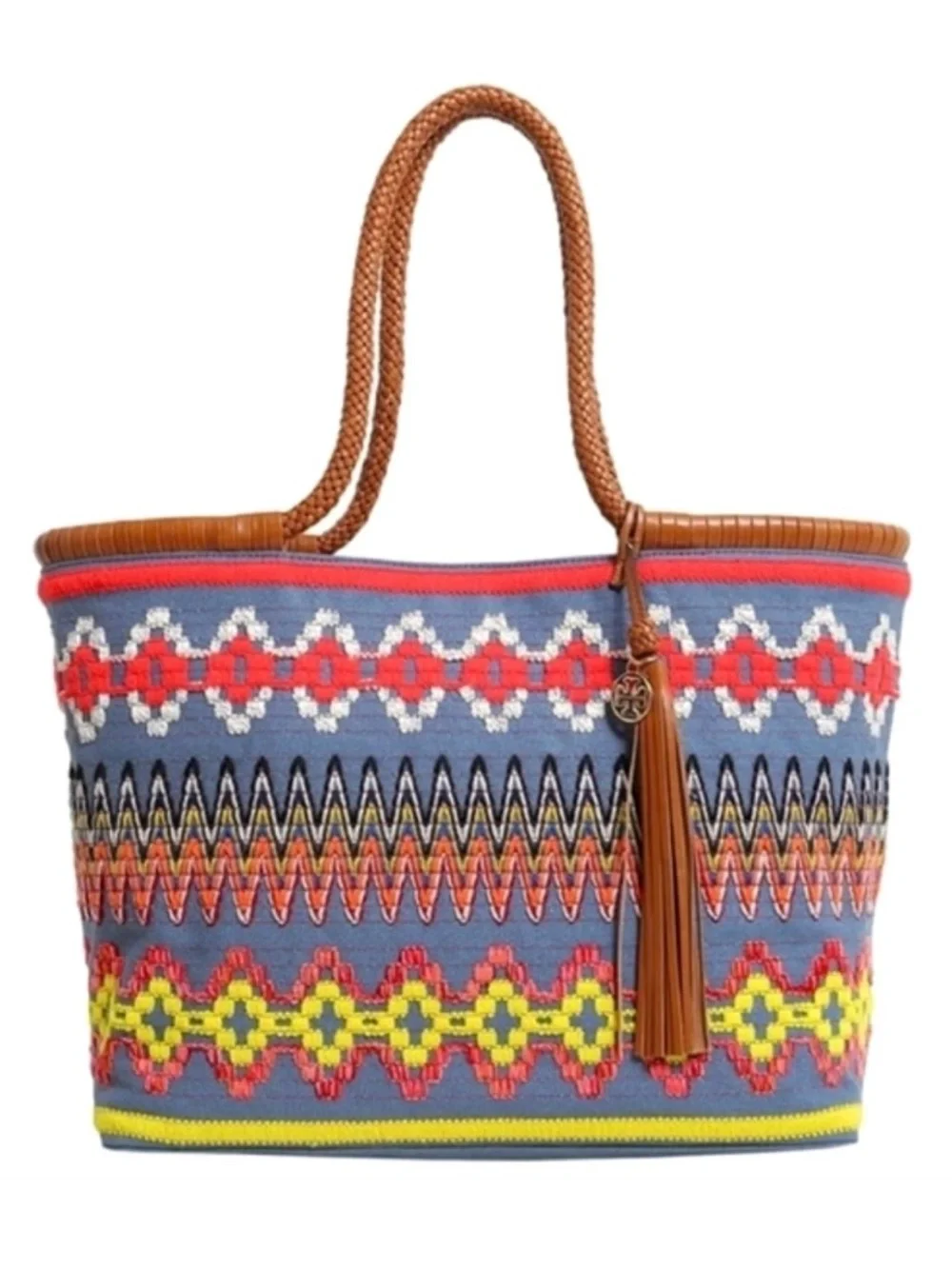 Tory Burch Taylor Aztec Linen Multicolor Woven Tote with Tassel