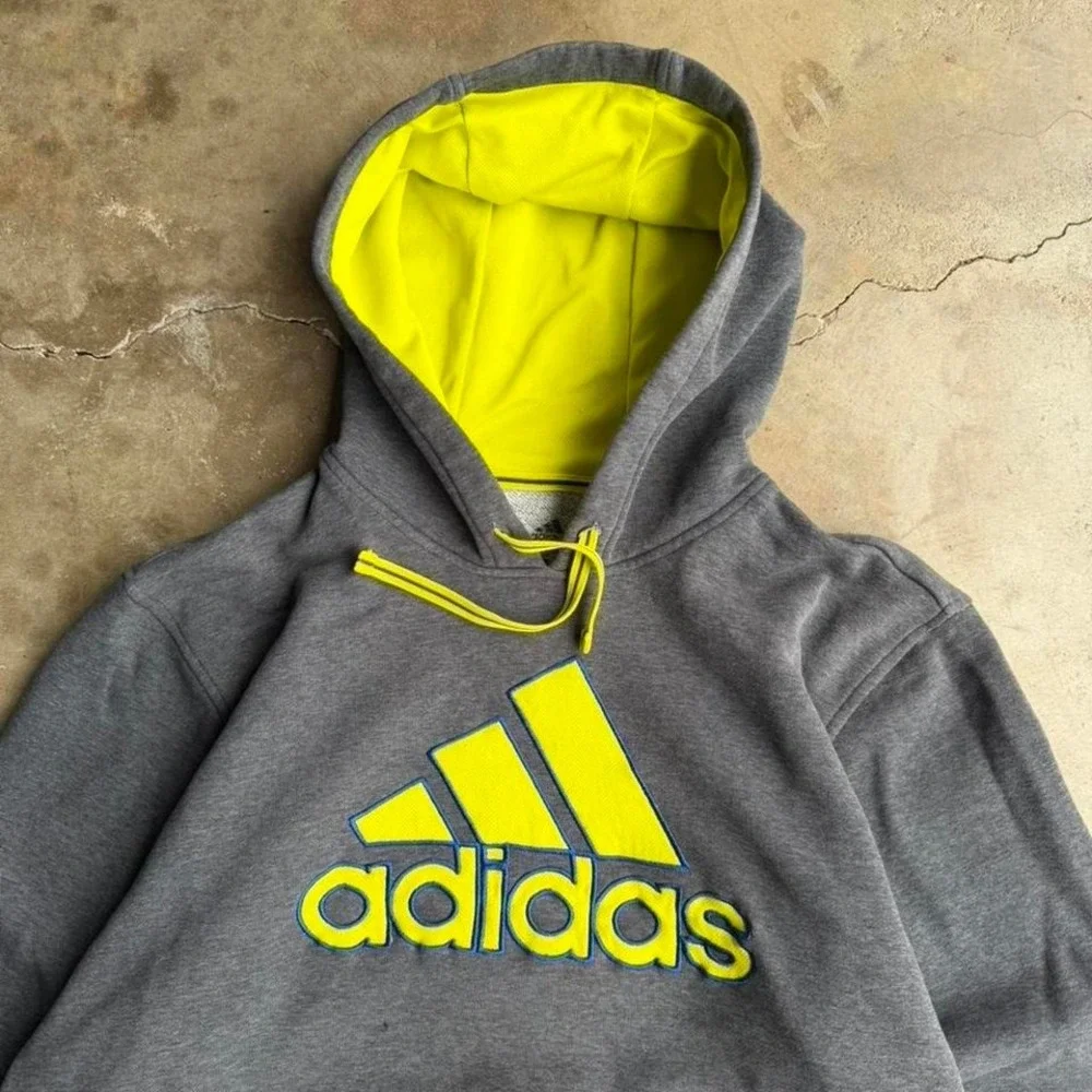 Vintage y2k grey and neon yellow adidas big logo hoodie essential