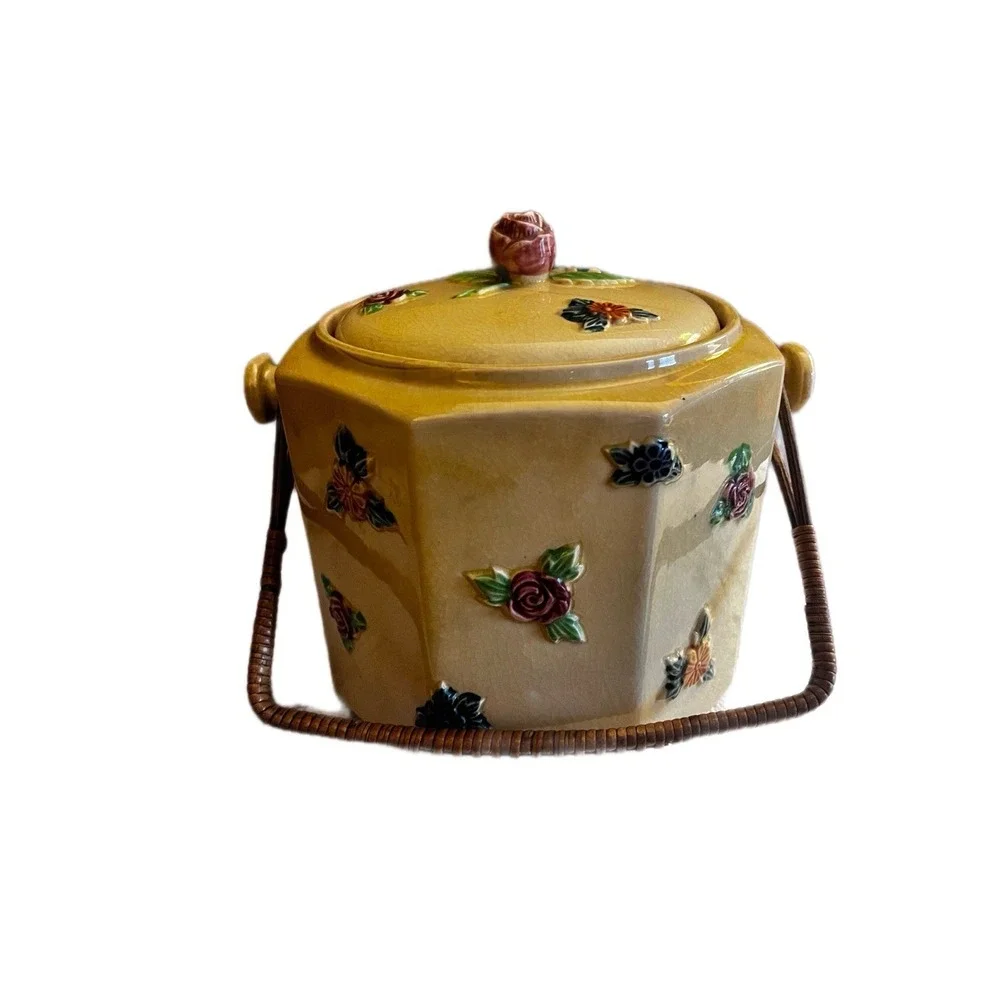 VINTAGE handpainted YELLOW BISCUIT JAR WITH RATTAN HANDLE